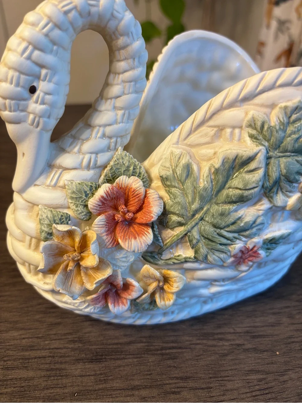 Vintage White Swan Planter with Hand-Painted Floral Accents Cottagecore